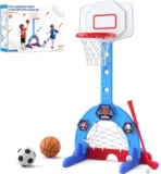 Kid Basketball Hoop, 3-in-1 Sports Activity Center, Blue | with Soccer Goal, Golf Game, 5 Height Adjustable Kids Basketball Hoop, Indoor Outdoor Playset Toys Gifts for Boys Girls