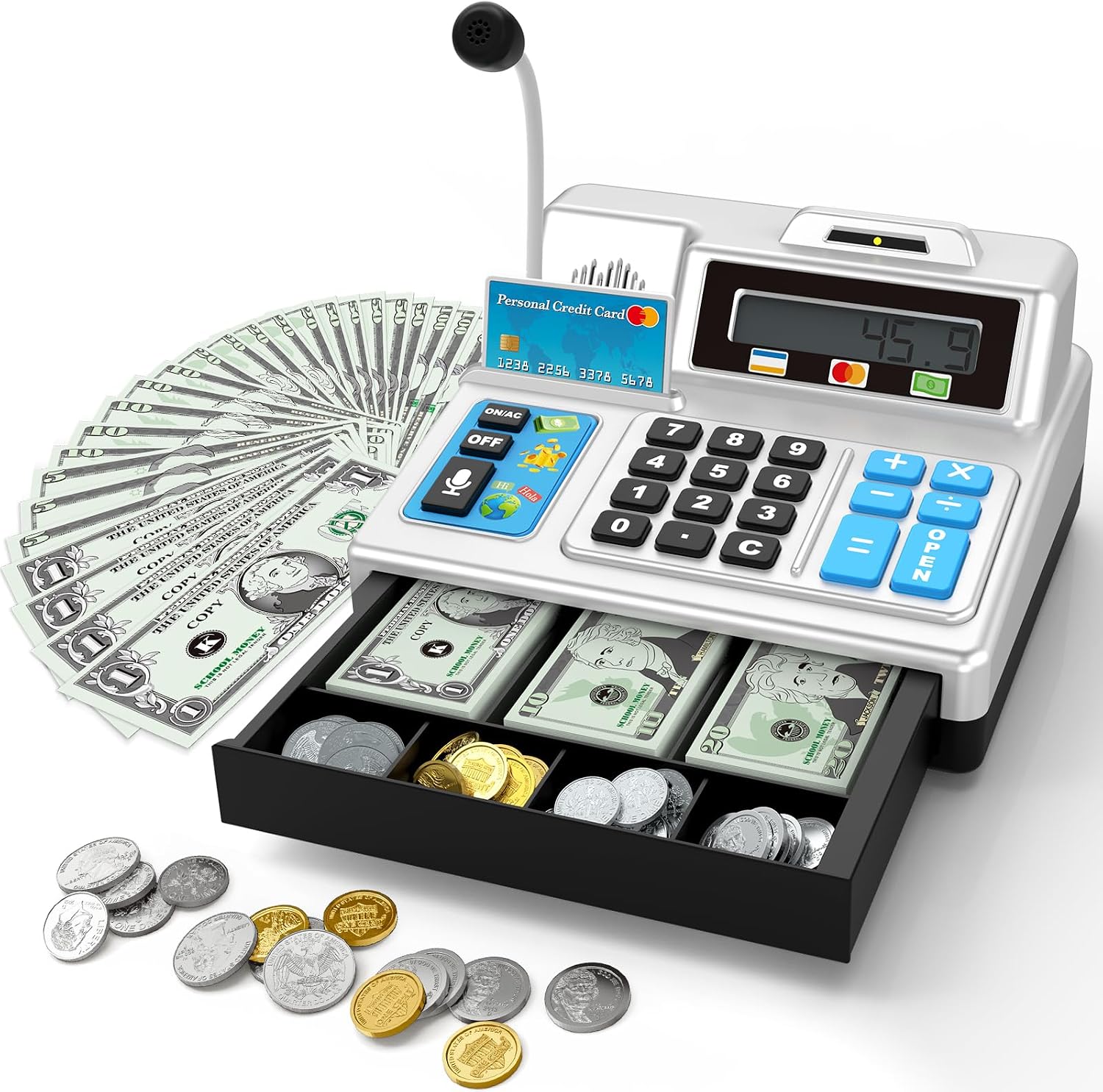 Calculator Cash Register – 103 Pcs Toy Cash Register, Store Set with Microphone, Credit Card and Banking for Kids, Toddler Math Learning Toys, Preschool Gifts for 3, 4, 5, 6, 7, 8+ Years Old Boy Girl