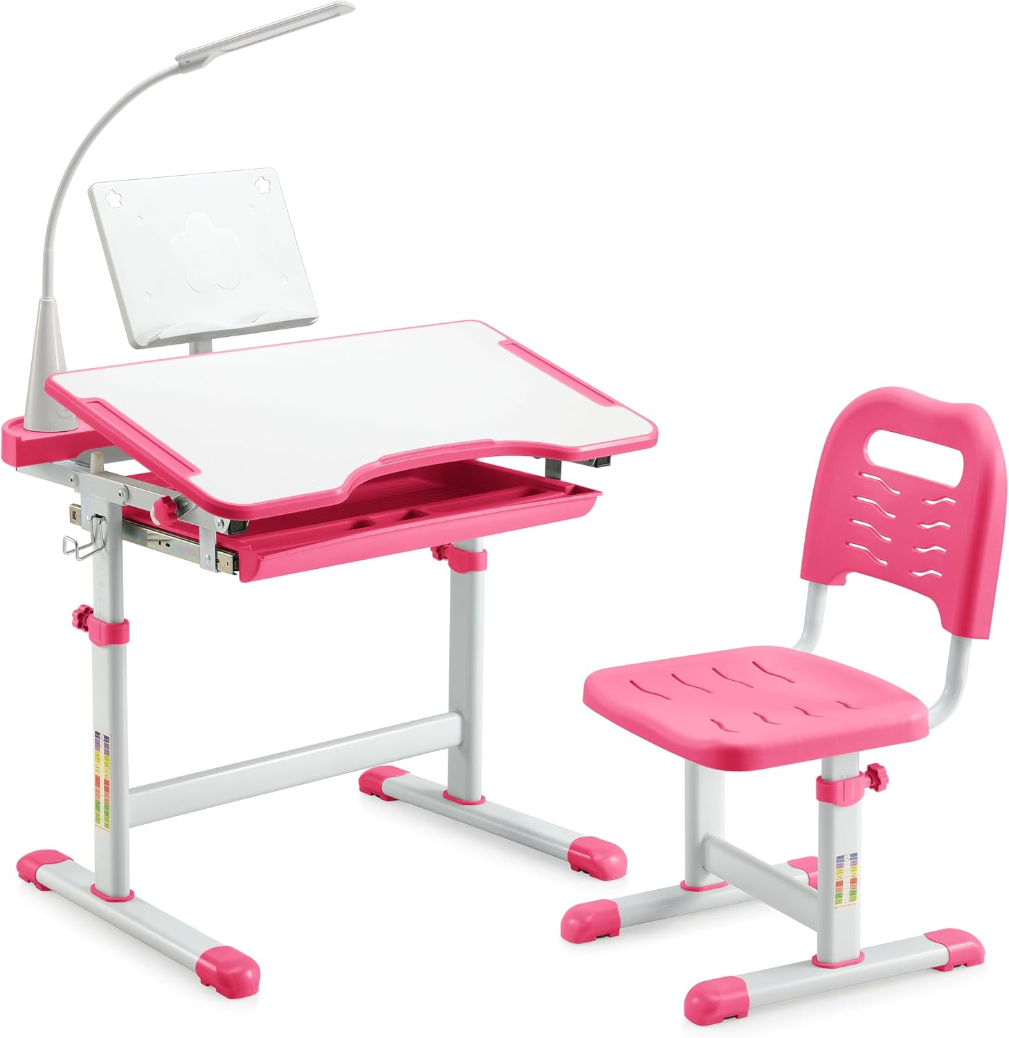 Diroan Kids Desk and Chair Set with LED Light, Height-Adjustable for Age 7+ | Ergonomic, Large 0‑45°desk, Sturdy steel frame, Storage drawer, Bookstand, Metal hook