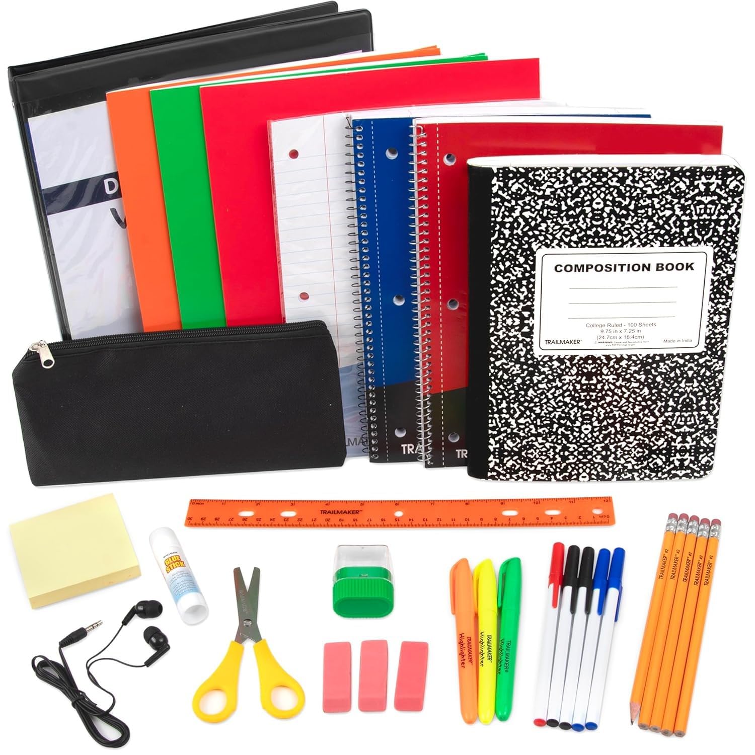 12 Pack Bulk Middle and High School Supplies Kits for Boys, Girls, Classrooms | Back to School Supply Bundle Wholesale Packs for Kids, Includes Notebooks, Folders, Pencils, Earbuds, Binder, More