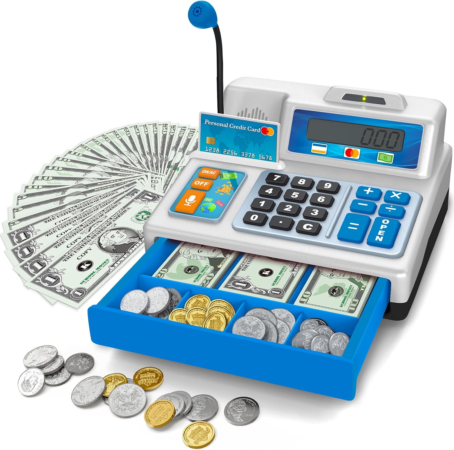 Bstoyder Calculator Cash Register Toy Gift for Kids Age 3, 4, 5, 6, 7, 8+ Year Old, 103 Pcs Grocery Store Playset with Microphone, Credit Card, Cash Register for Toddlers Kids 4-8