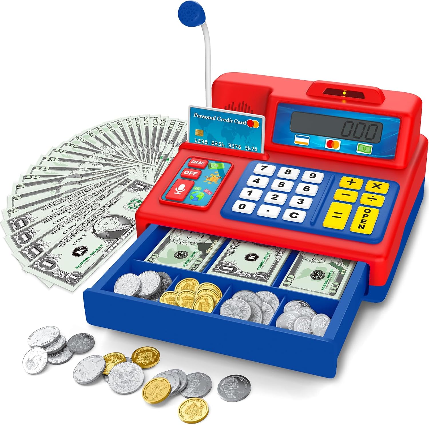 Bstoyder Calculator Cash Register Toy Gift for Kids Age 3, 4, 5, 6, 7, 8+ Year Old, 103 Pcs Grocery Store Playset with Microphone, Credit Card, Cash Register for Toddlers Kids 4-8