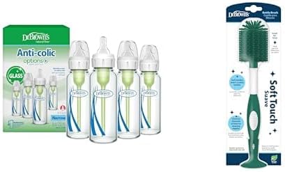 Bundle of Dr. Brown’s Anti-Colic Options+ Narrow Glass Baby Bottle with Level 1 Slow Flow Nipple, 8oz/250 mL, 0m+, 4-Pack (Packaging May Vary) + Soft Touch No Scratch Cleaning Brush, BPA-Free, Green