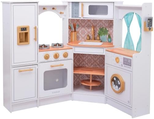 KidKraft Ultimate Corner Wooden Play Kitchen with Lights & Sounds, White | Lazy Susan, Curtains, Fits Across Two Walls, Play Phone, Laundry Appliances, Washer & Dryer
