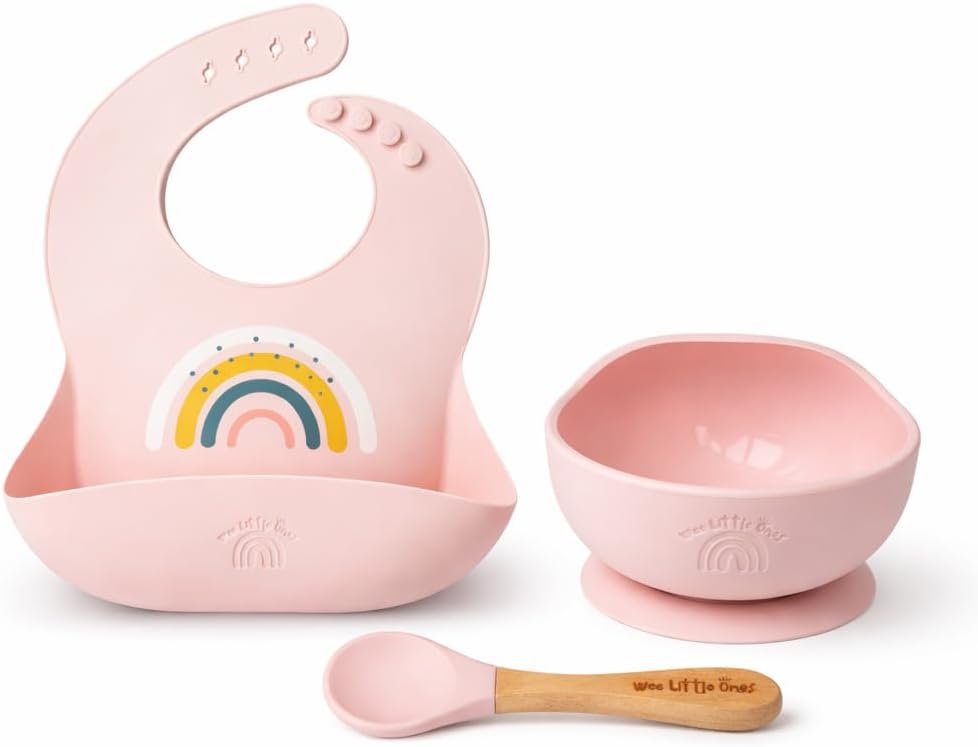 Baby Silicone Bib and Suction Bowl Set – Baby Led Weaning Feeding Set with Adjustable Bib, Food Catcher Pocket, Strong Suction Bowl & Spoon, BPA Free Dishwasher Safe, 6–36 Months