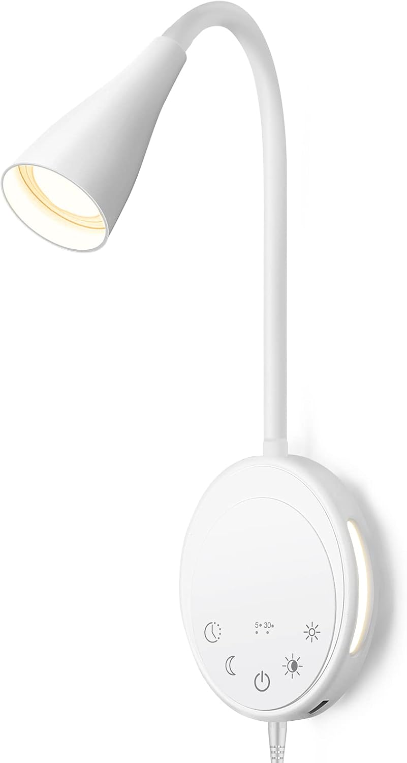 SANKEDOU LED Wall Mounted Reading Light, Book Light for Reading in Bed with Touch Control, 5 Dimmable, USB Output, Night Light & Timers Function, Flexible Gooseneck Headboard Bed Lights (White)