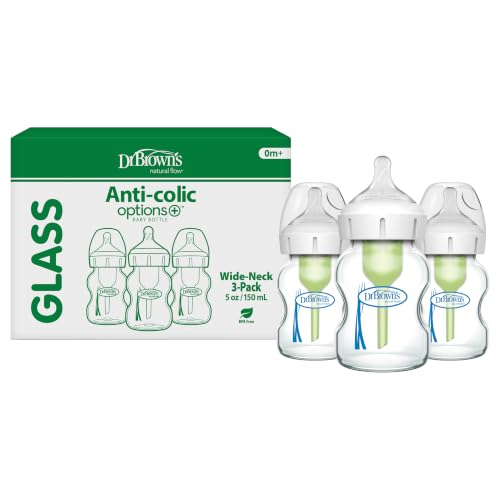 Dr. Brown’s Anti-Colic Options+ Wide-Neck Glass Baby Bottles 5 oz, Level 1 Slow Flow Nipples 3 Pack and Travel Caps for Natural Flow Bottles 3 Pack Narrow