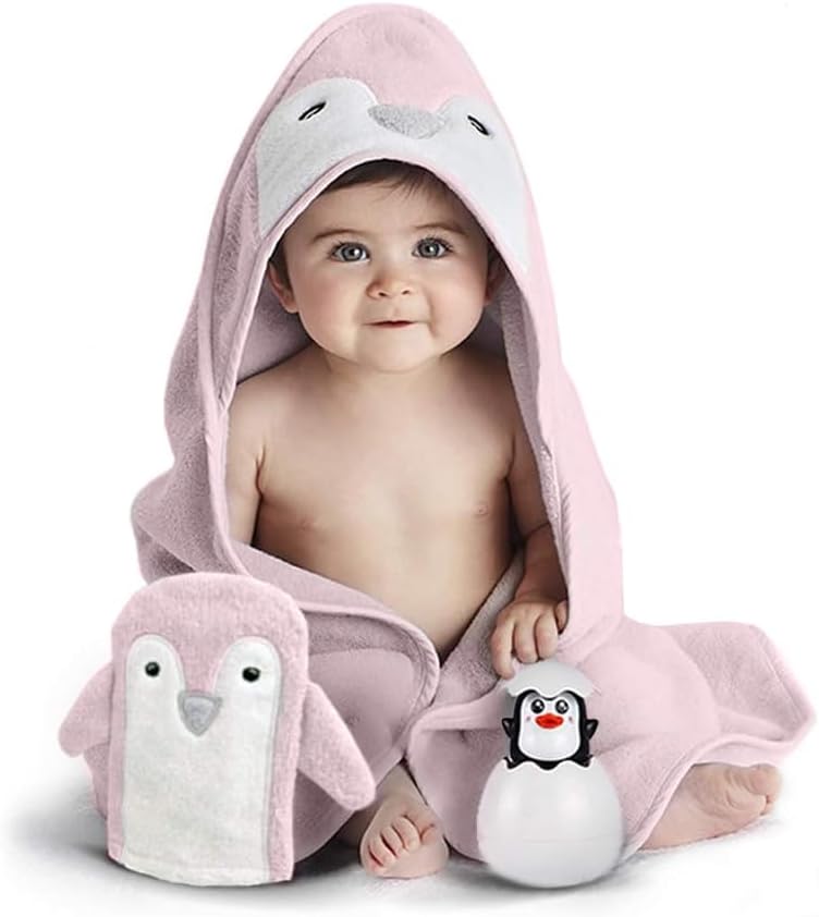 Happy & Sweet Baby Gift Set – Bamboo Viscose Hooded Penguin Bath Towel, Mitt Washcloth, and Squirt Bath Toy for Girls – Ballet Slipper Color – Bonus eBook Included