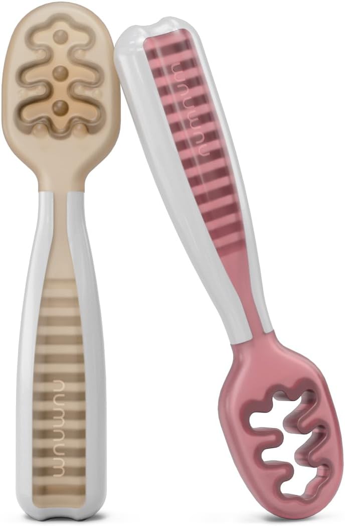 NumNum Baby Spoons Self Feeding 6 Months, 2-Pack Beige/Mauve | First Stage Silicone Pre Spoon Utensils For Baby Led Weaning, BPA Free Baby Feeding Essentials, Dishwasher Safe