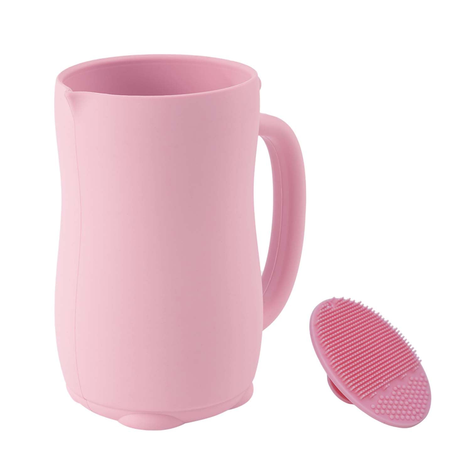 mandoo Baby Bath Rinse Cup – Food Grade Silicone – Shampoo & Body Washing Rinser Cup for Kids with Easy Grip Handle to Rinse Baby Shampoo and Soap – Baby Essentials (Pink+Brush)