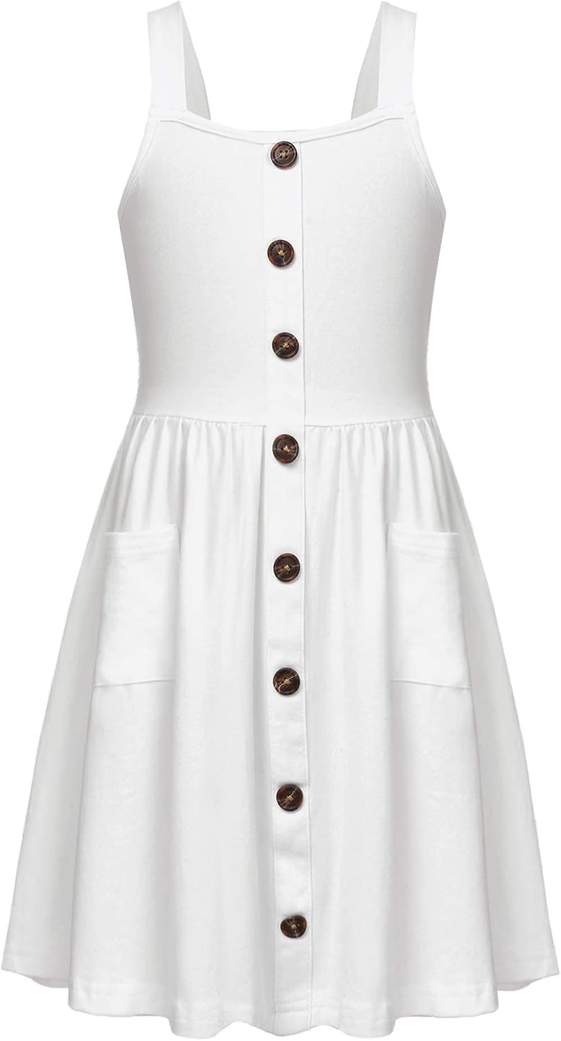Arshiner Girl’s Spaghetti Strap Button Down Summer Casual Sundress Dress | Midi, Sleeveless, A-line, with Pockets