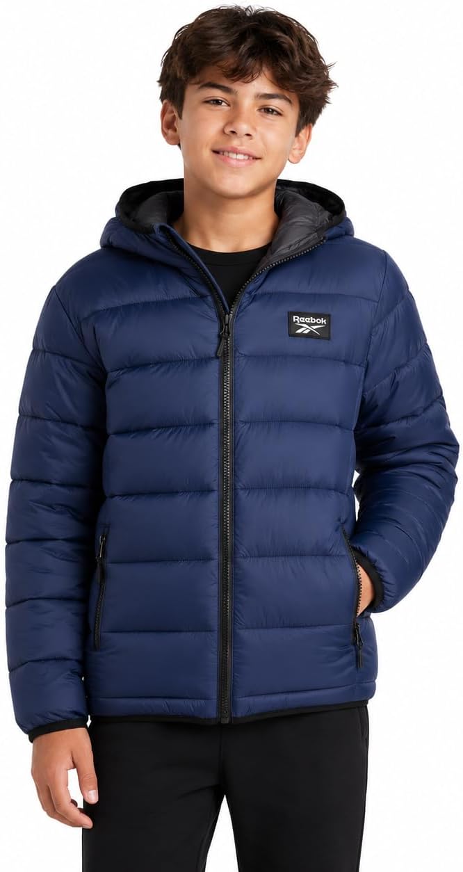 Reebok Boys Winter Coat Insulated Quilted Puffer Winter Jacket for Boys | Packable Design Travels Anywhere, Deep Pockets and Oversized Collar Block Cold, Warm for Sports or Casual Wear