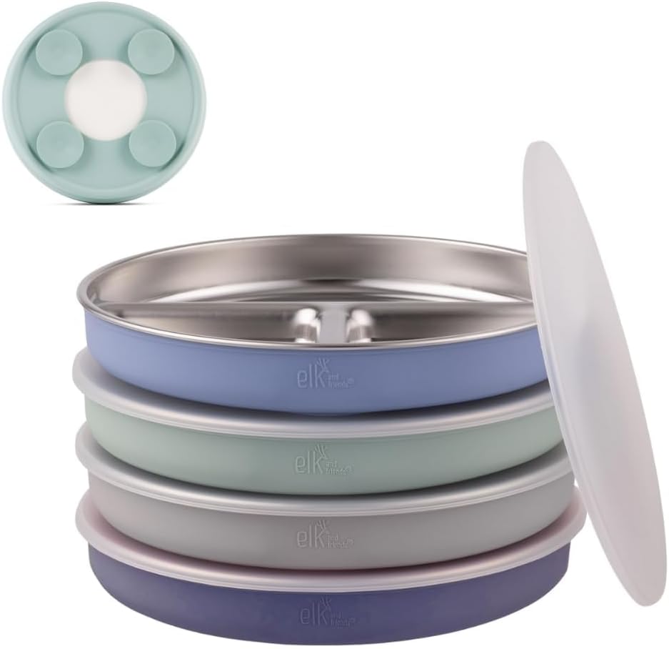 Elk and Friends Kids Stainless Steel Divided Plates with Silicone Suction Sleeves | Lids Included | Suitable for Babies/Toddlers | Dishwasher Safe | Stay Put Dinnerware | Snack Dishes | 4 Pack