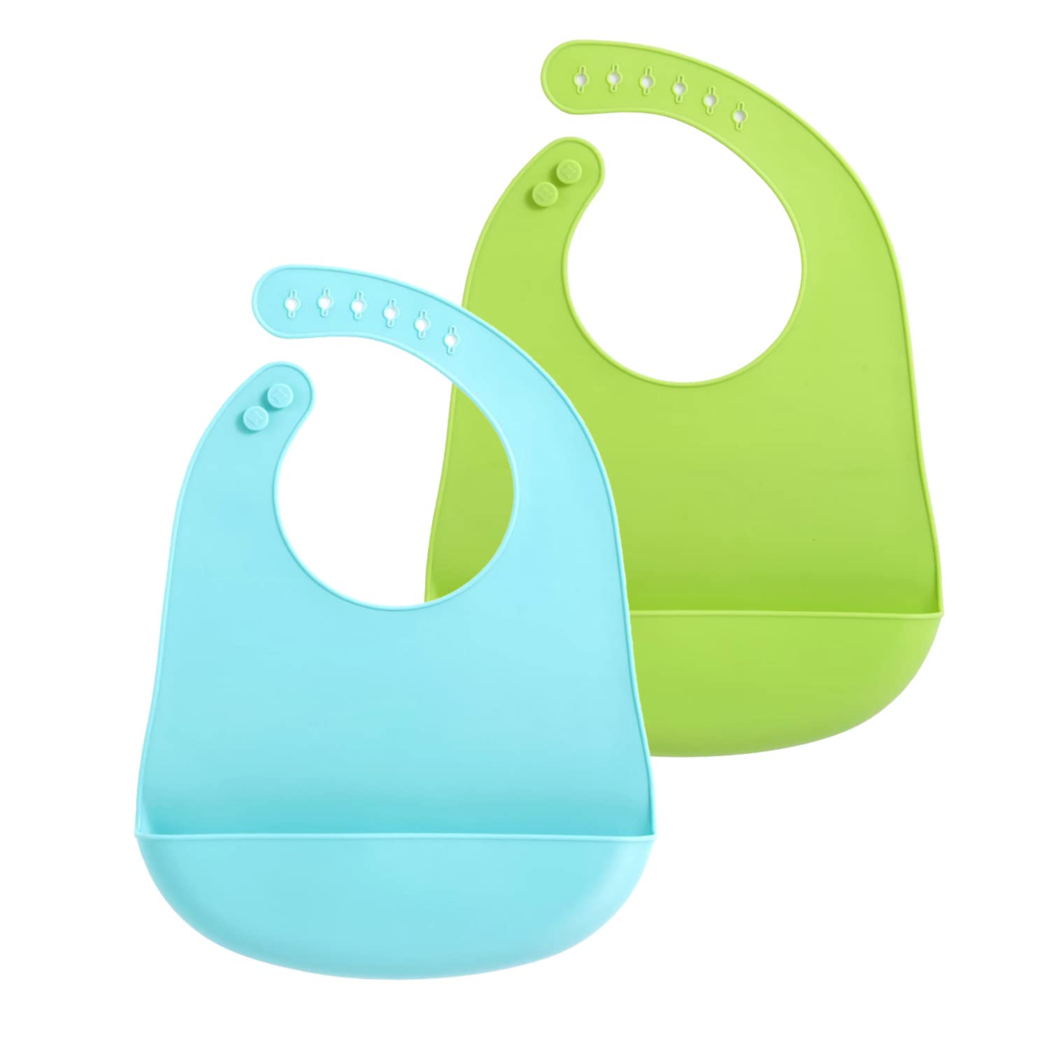 PandaEar 2-Pack Silicone Baby Bibs with Food Catcher Pocket, Waterproof | Adjustable snap closure, unisex, machine washable, BPA free, lightweight, ages 6 months to 6 years, blue and green