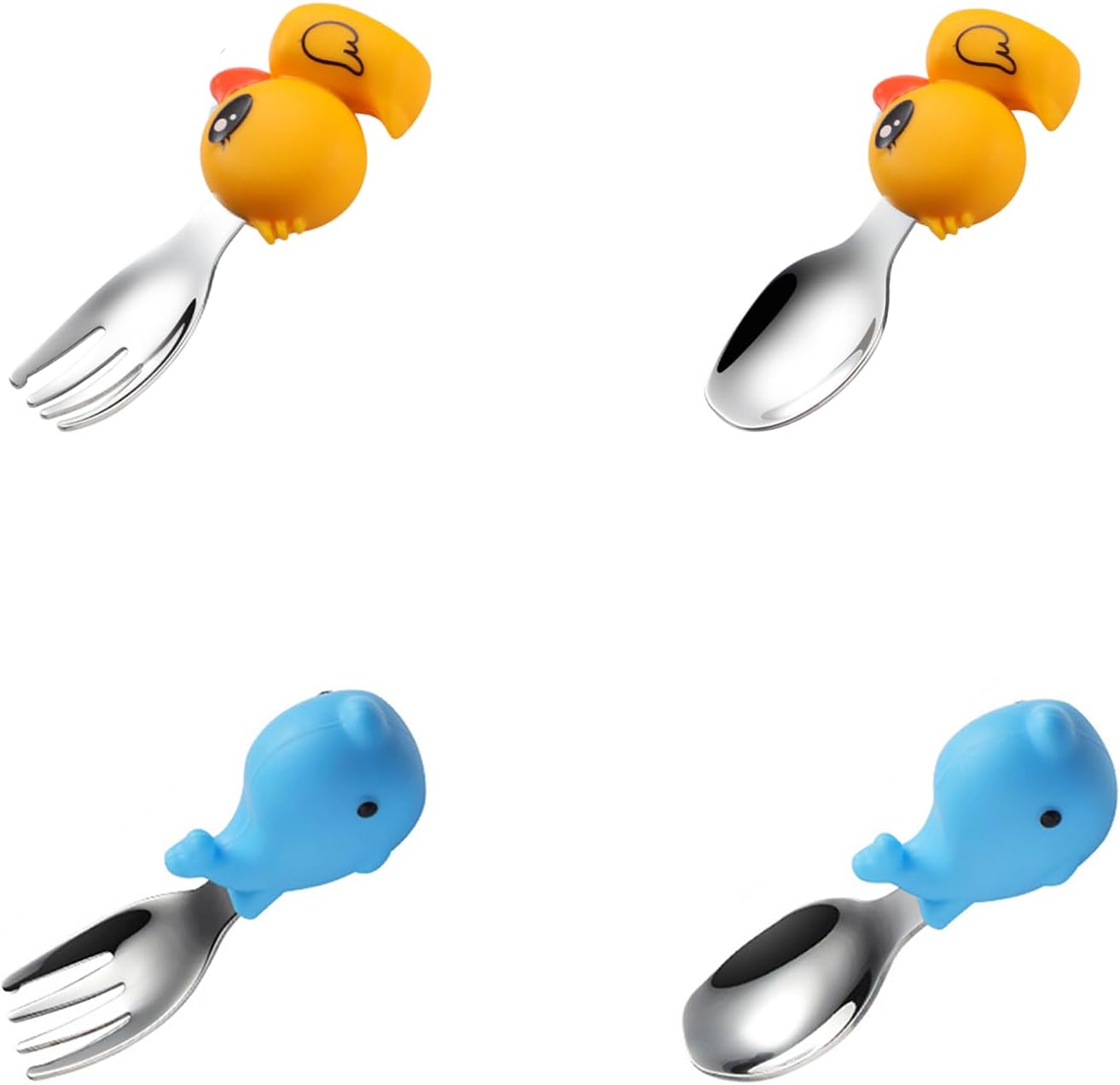 Toddler Utensils 4-Pack, Stainless Steel Toddler Forks and Spoons Set with Cute Duck & Dolphin Silicone Handles, Baby Kids Utensils, Children Safe Forks and Spoons Dishwasher Safe