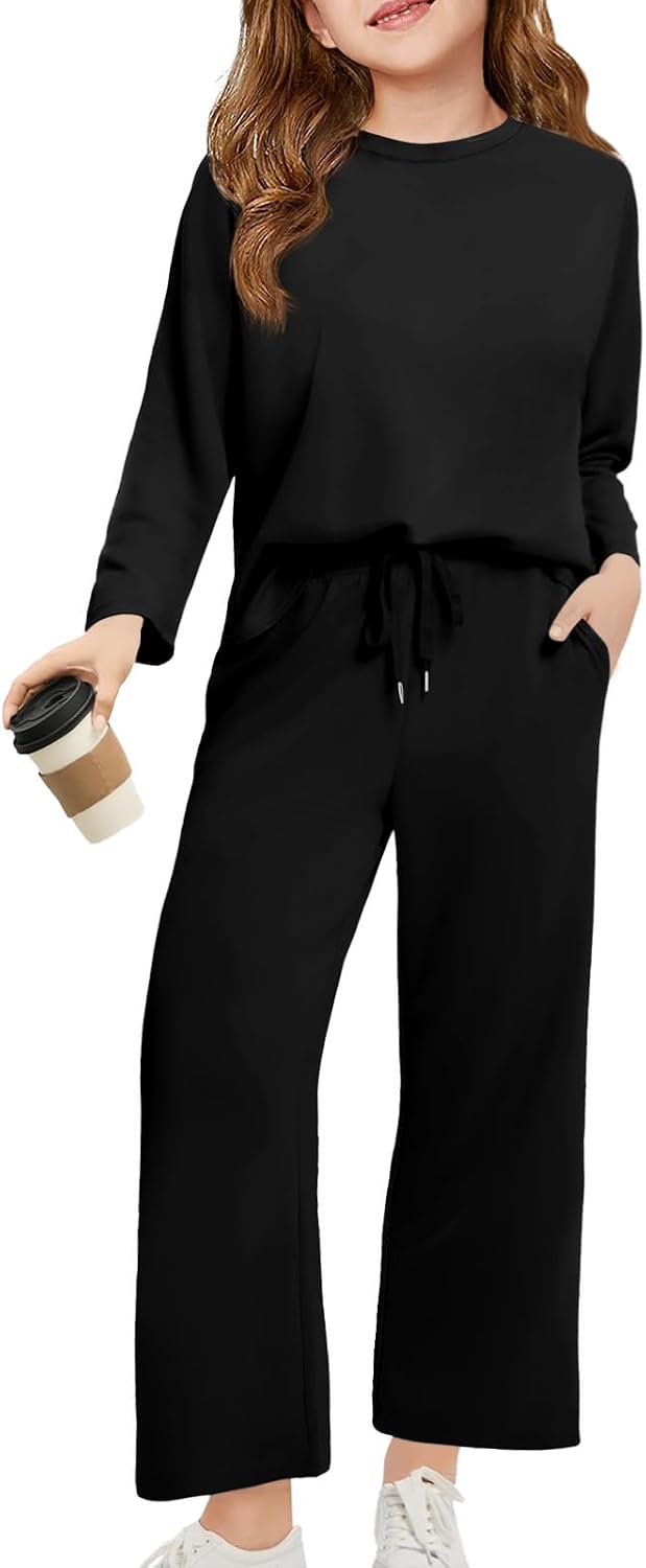 Haloumoning Girls Sweatsuit Kids Fashion Long Sleeve Sweatshirt and Wide Leg Pants Tracksuit Sets 2 Piece Outfits