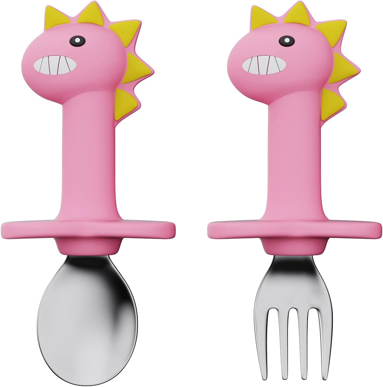 Baby Forks and Spoons Set Baby Training Utensils Self Feeding Toddler Silverware Silicone and Stainless Steel Kids and Toddler Utensil (Pink Dinosaur – Short)