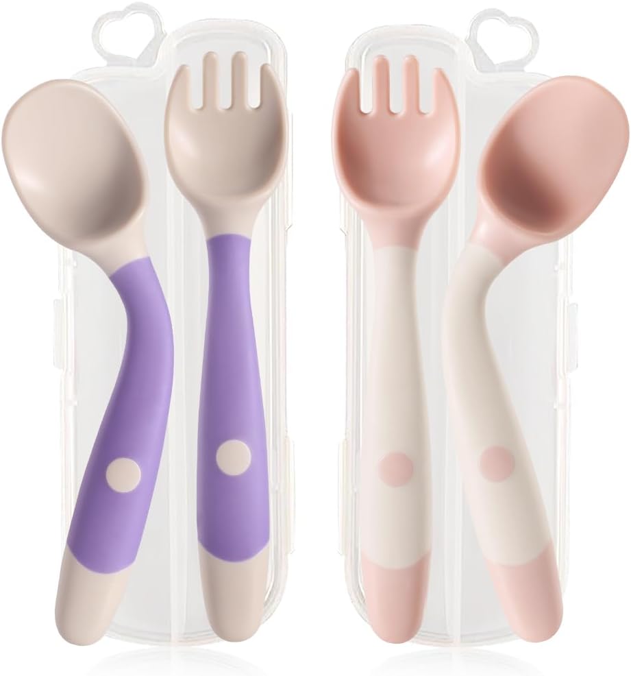 Baby Utensils Spoons and Forks Set, Bendable Toddler Flatware with Travel Case for Self-Feeding Training Utensils for Infants & Kids, Gum-Friendly Toddler Spoon and Fork (Pink+Purple, 2 Set)