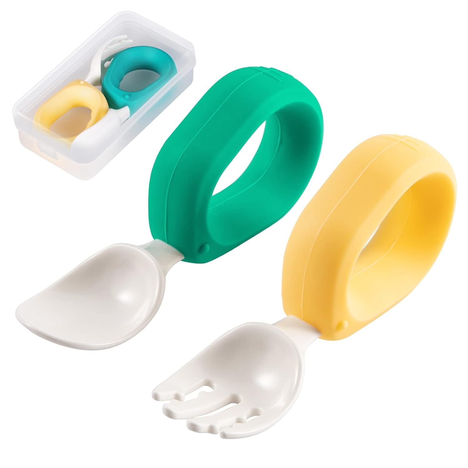 Baby Spoons and Forks Set with Silicone Handle, Toddler Utensils | Easy Grip for Left-Hand Babies, Portable Carrying Case, Baby Training Silverware, BPA Free, Dishwasher Safe ( Green/Yellow)