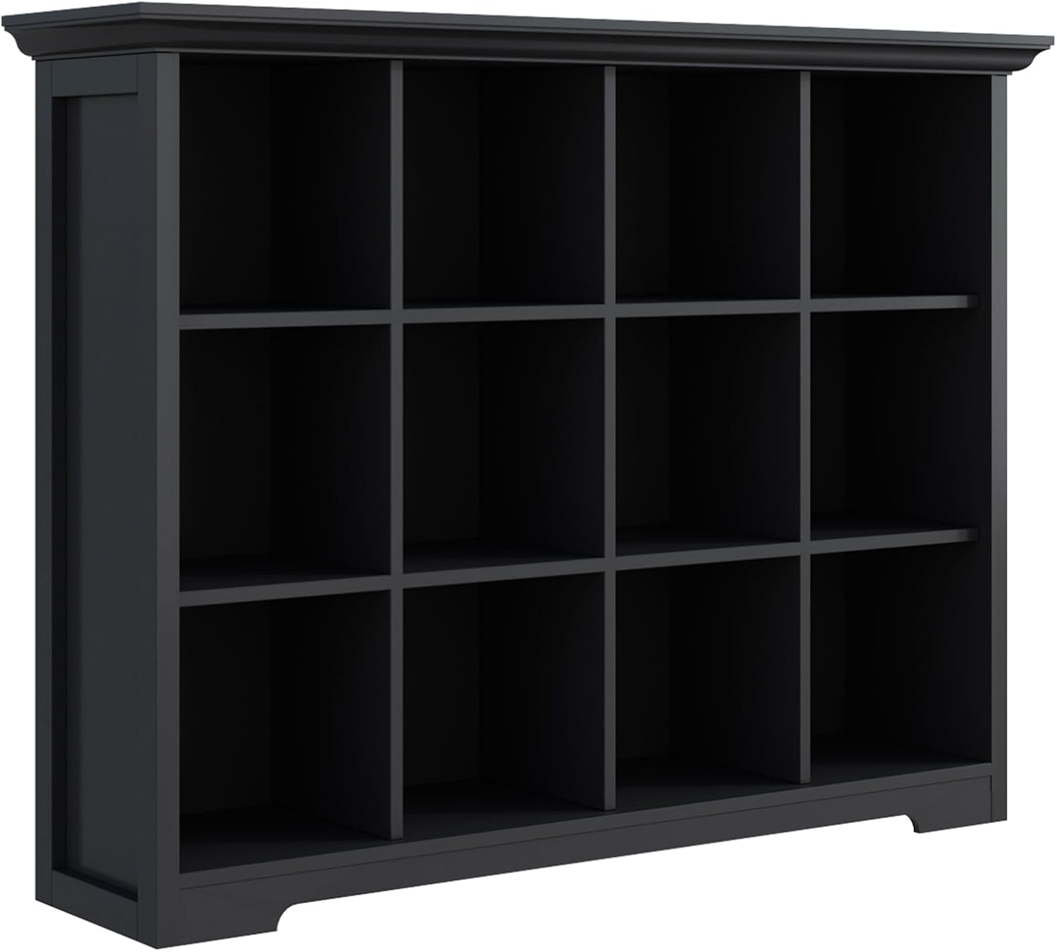 12-Cube Open Bookcase with Base, 3-Tier Wooden Bookshelf, Black | Curved Base, Crown Molding, Fits 11×11″ Bins, Modern Storage Cabinet for Living Room, Bedroom, Home Office