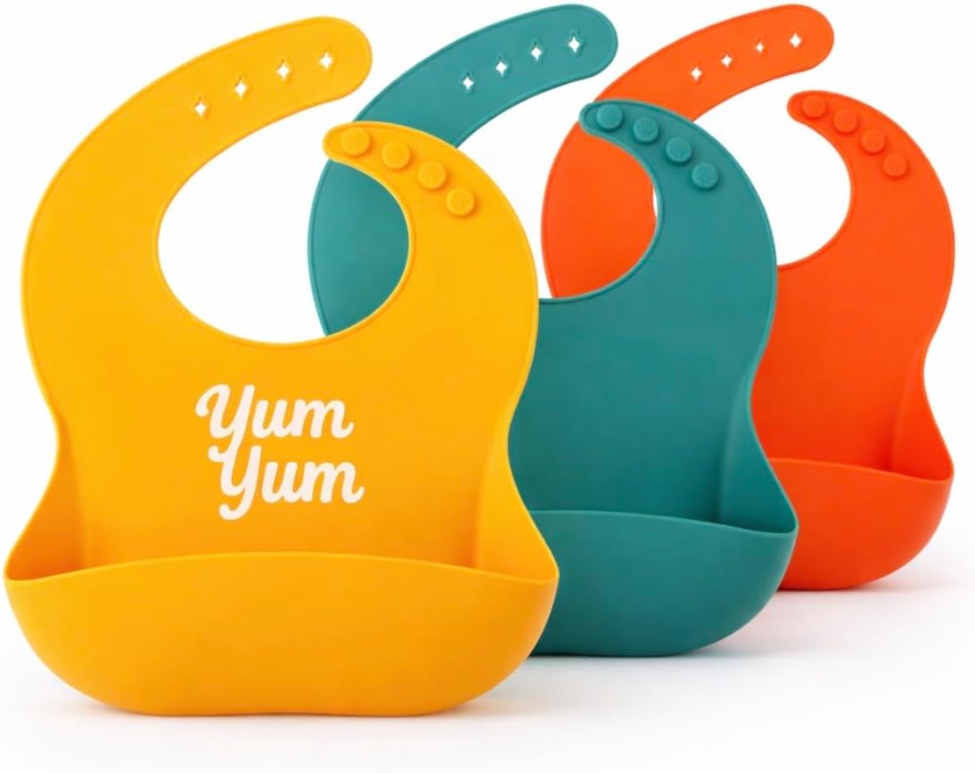 Baby Silicone Bibs 3 Pack, Waterproof BPA-Free Bib for Babies and Toddlers 6-36 Months, Food Catcher Pocket, Adjustable Reusable Feeding Accessory, Easy Clean Baby Led Weaning Essential