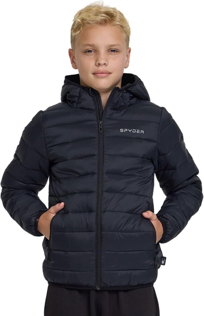 Spyder Boys Puffer Jacket – Packable Lightweight Hooded Winter Coat | Quilted nylon shell, soft-touch insulation, packs into inner pocket; great for school, travel, outdoor play