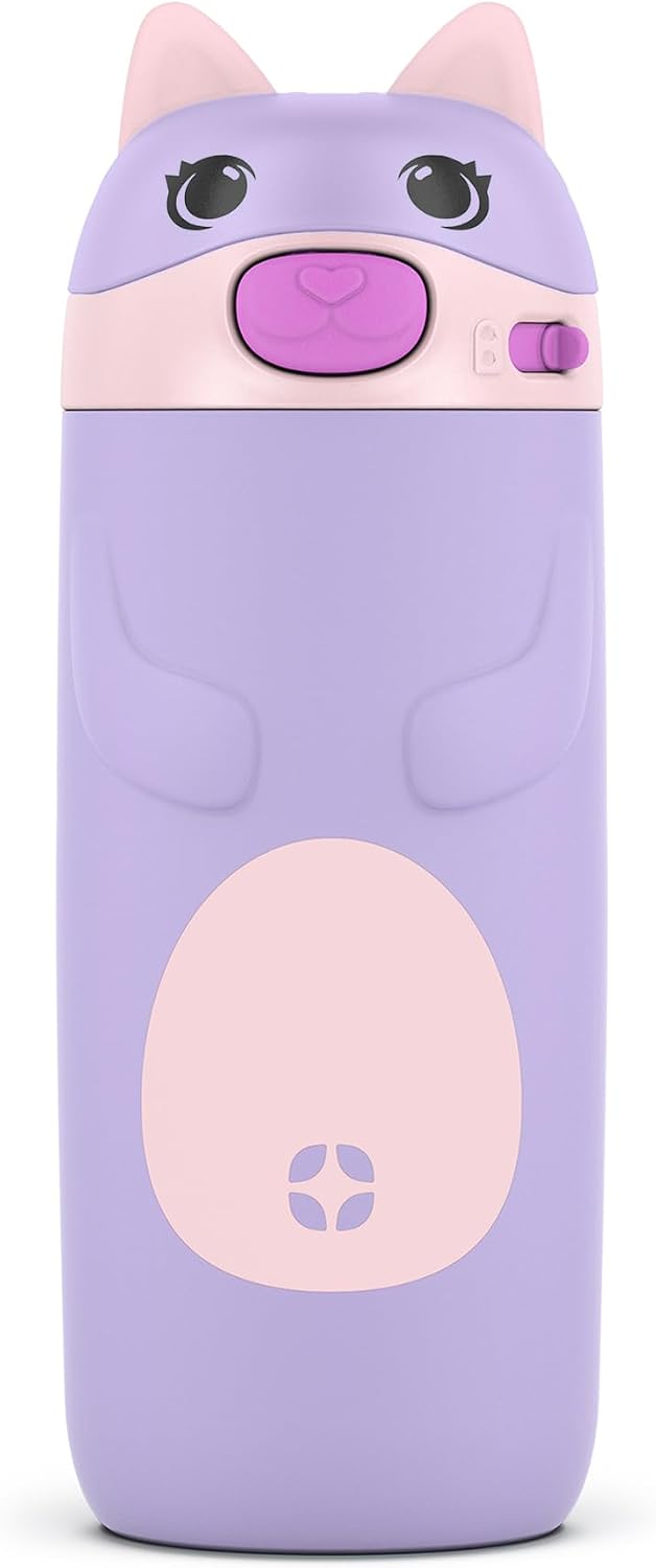 Ello Ellies 12oz Stainless Steel Leakproof Kids Water Bottle, Cat | Insulated kids water bottle with straw, leakproof locking lid, carry handle, and stainless steel fun animal design for school