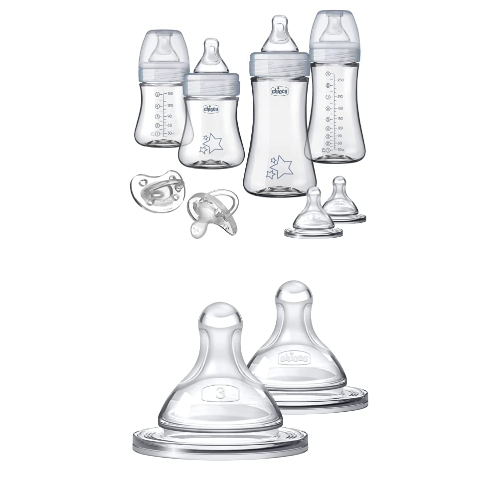 Chicco Duo Bundle Hybrid Baby Bottle – Starter Set with Size 3 Nipples, All Stages of Nipples Included, Invinci-Glass Technology, Breakproof and Lightweight
