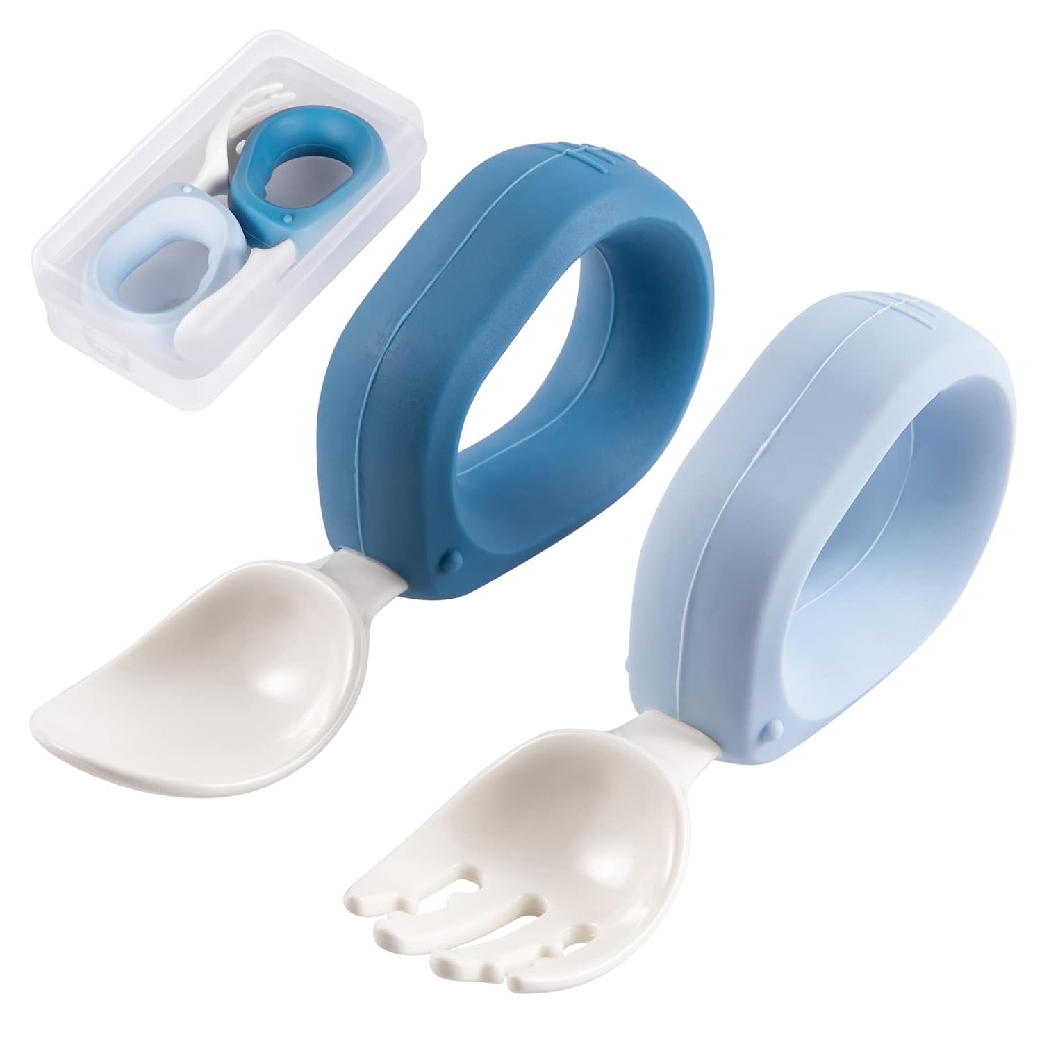 Baby Spoons and Forks Set with Silicone Handle, Toddler Utensils | Easy Grip Handle, Portable Carrying Case, First Stage Self-Feeding Silverware, BPA Free, Dishwasher Safe (Blue/Light Blue)