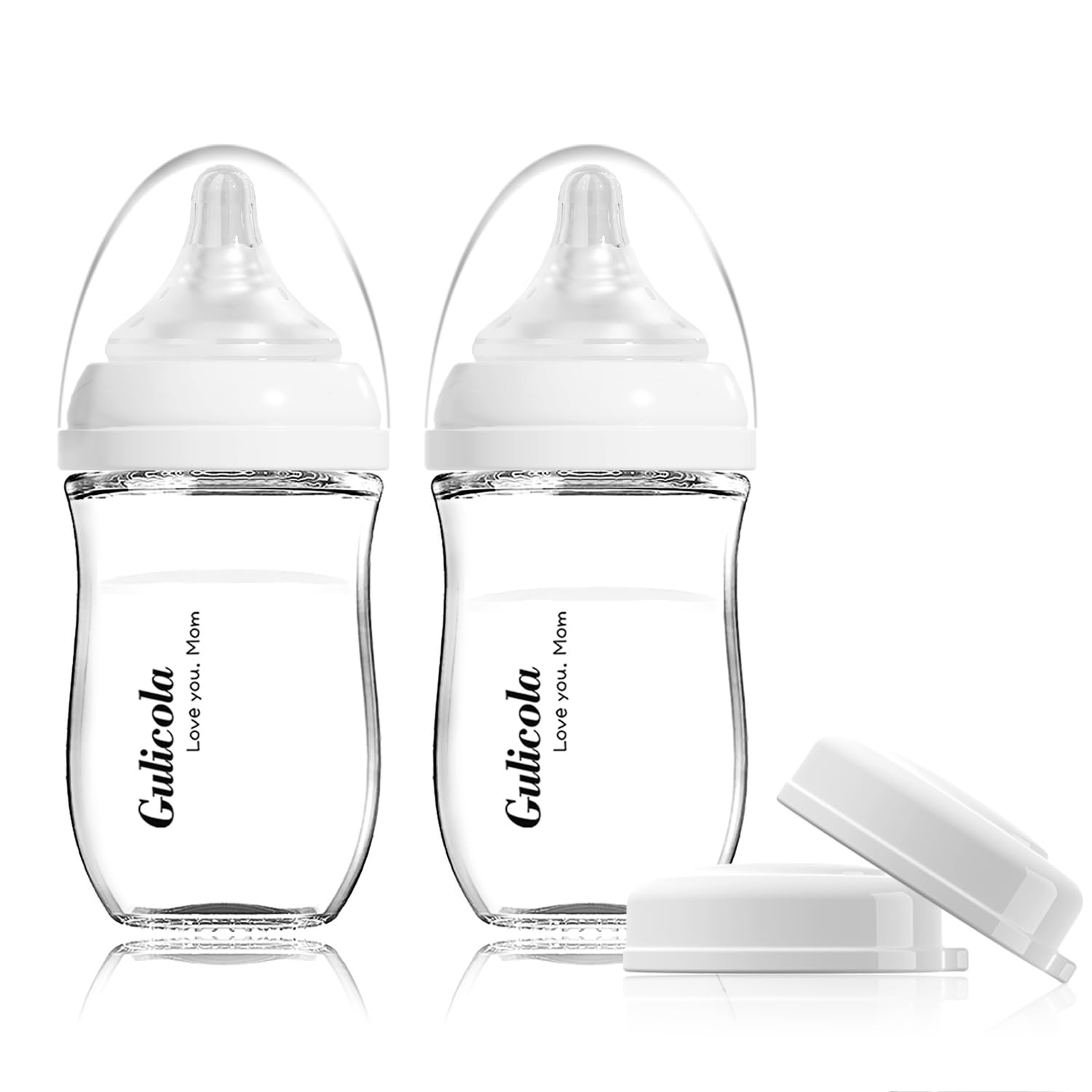 Gulicola Natural Glass Baby Bottle for Breastfeeding Babies, Newborn Anti-Colic Bottle Set with Slow Flow Nipple, 0-3 Months, 5 oz, 2 Pack – White