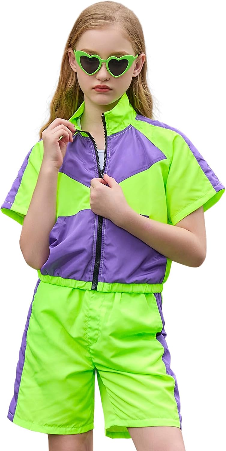 Girls Summer 2 Piece Outfits 80s 90s Tracksuit Windbreaker & Short Sets Hip Hop Dance 4-13Y