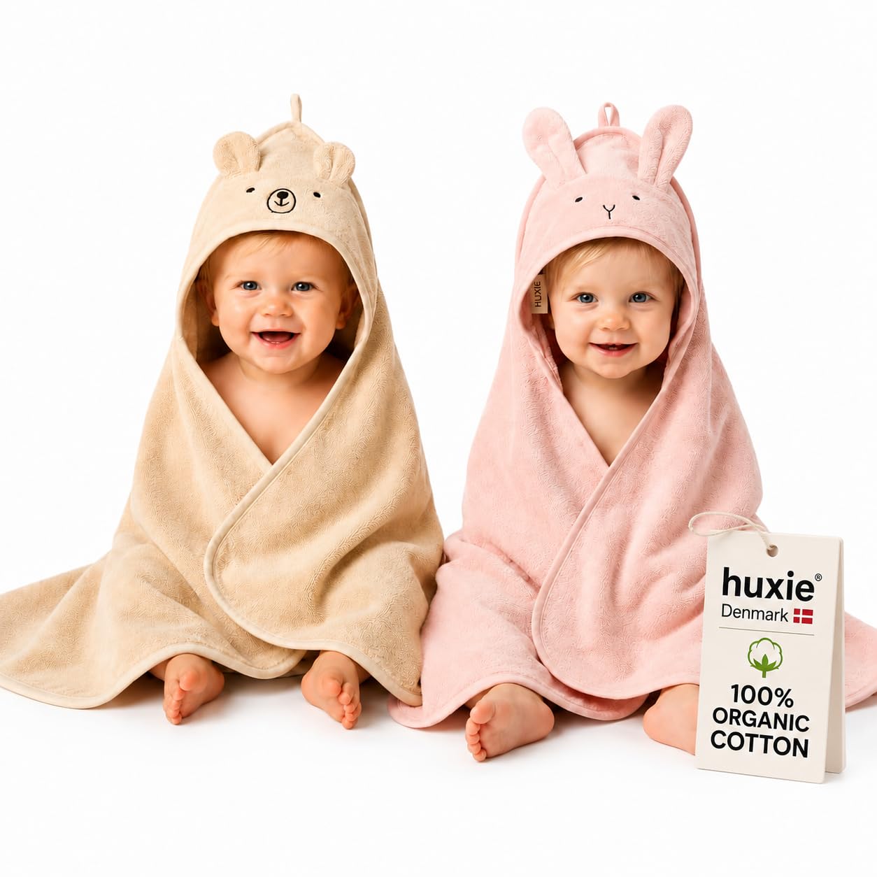 Hooded Baby Towels – 100% Organic Cotton Baby Bath Towels – Baby Girl Newborn Essentials – Super-Soft and Absorbent. (2-Pack Rabbit Blush and Bear Fog)