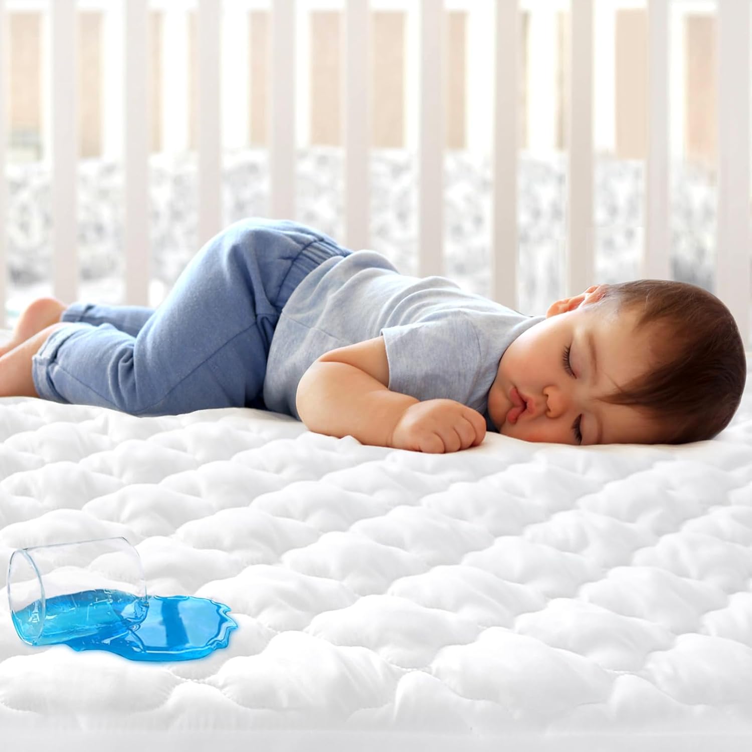 Crib Mattress Protector Sheets Fitted Waterproof Crib Mattress Pad Cover | Quilted Improved Thickness Machine Washable Noiseless 52” x 28” White Fit for Standard Crib Toddler Bed Mattress up to 9”