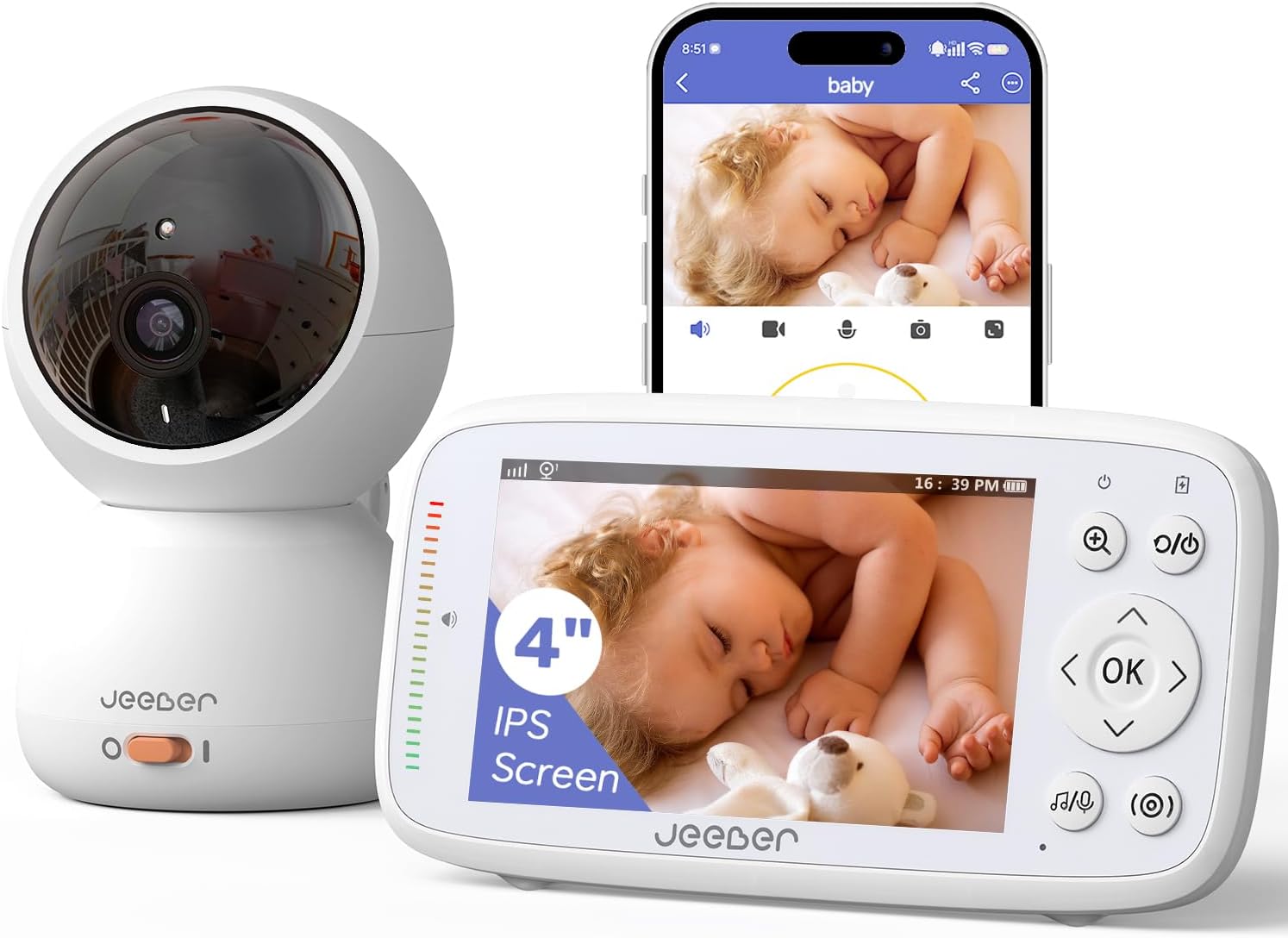 1080P 2.4GHz WiFi Baby Monitor with Camera and Audio，4″ IPS Display | Pan-Tilt-Zoom Camera,360° View, HD Night Vision, Motion & Cry Detection, Temperature Sensor, Feeding Reminder，2.4GHz wifi