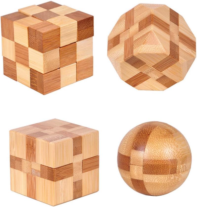 4 Pack Wooden Puzzle Brain Teasers Toy for Kids 3D Puzzles for Teens | Wooden Logic Puzzle Wood Snake Cube Magic Cube Magic Ball Brain Teaser Intellectual Removing Assembling Toy