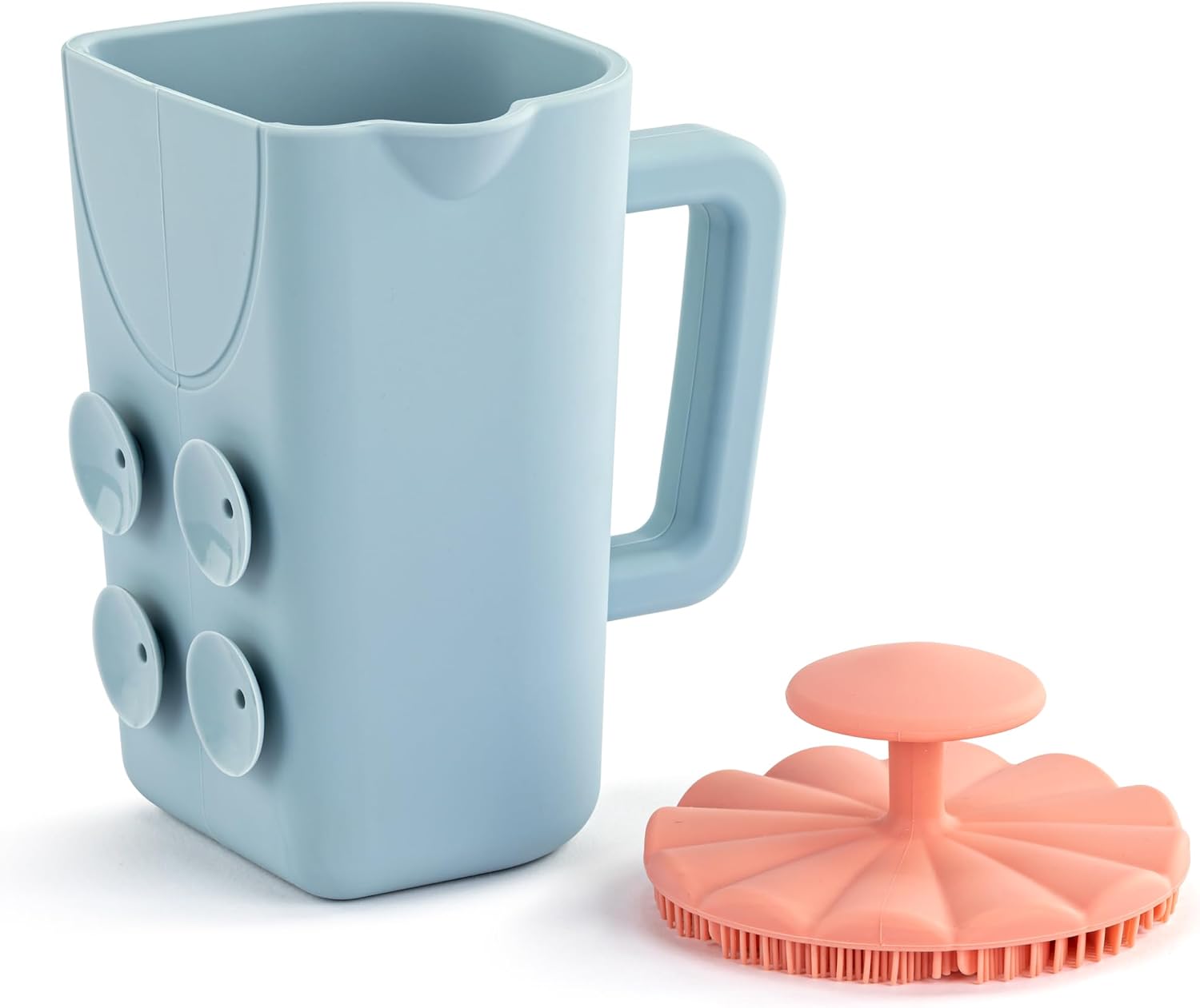 DEMDACO Love to Play Collection Baby Bath Rinse Cup and Silicone Scalp Scrubber Set – Gentle Hair Washing Aid for Infants & Toddlers Soft Silicone Kids’ Brush & Ergonomic Rinse Pitcher, Pink