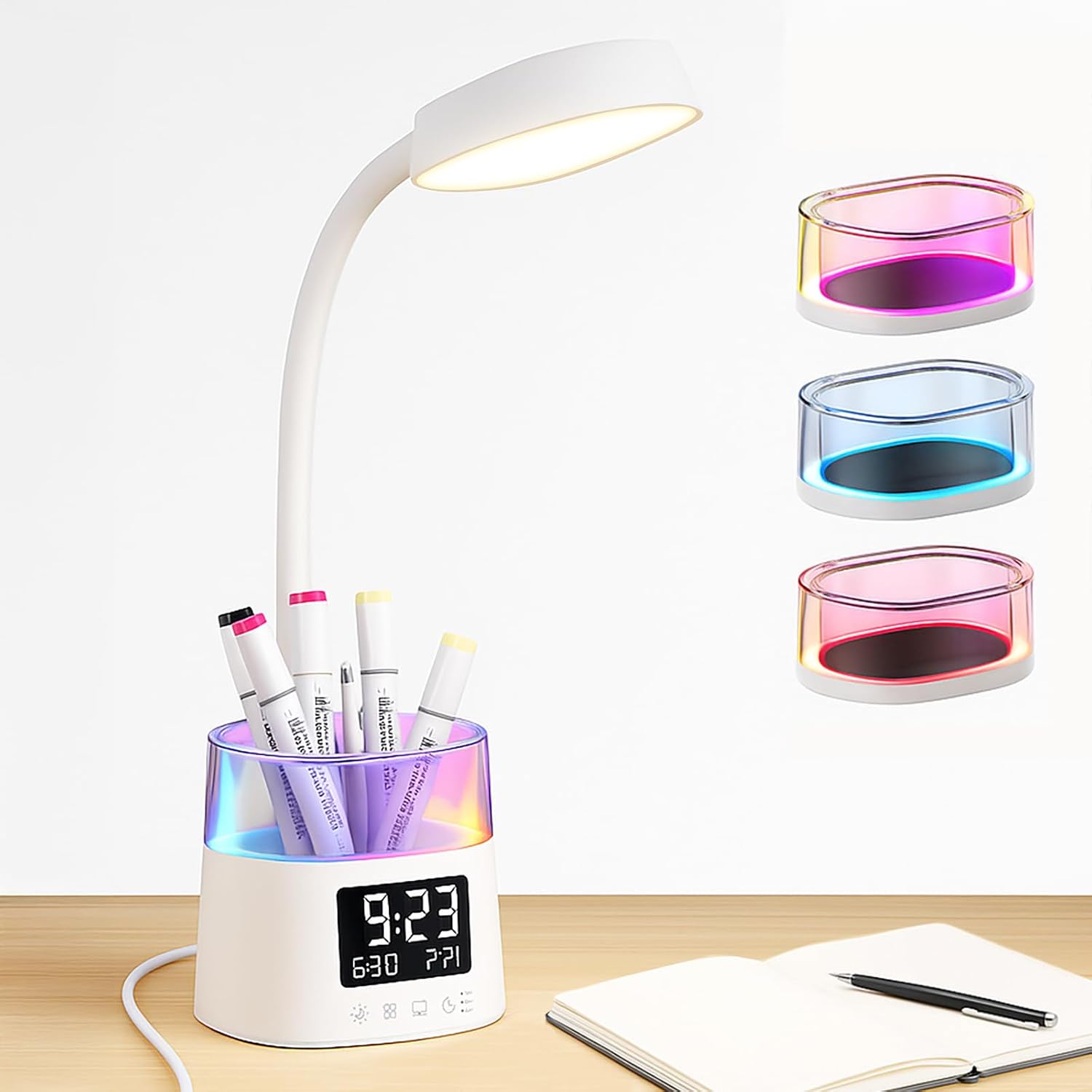 Led Desk Lamp with Pen Holder, Touch Lamps for Nightstand with 3 Color Modes, Eye-Caring Bedside Reading Light with Clock, Office Lamps Stepless Dimming, Lamp for Dorm Room, Suitable for Kid/Girl/Boy