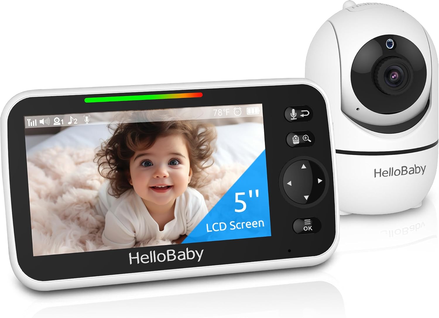 HelloBaby No WiFi Baby Monitor 5″ Screen 30-Hour Battery Pan-Tilt-Zoom Video Upgrade with Camera and Audio, Night Vision, VOX, 2-Way Talk, 8 Lullabies and 1000ft Range, HB6550
