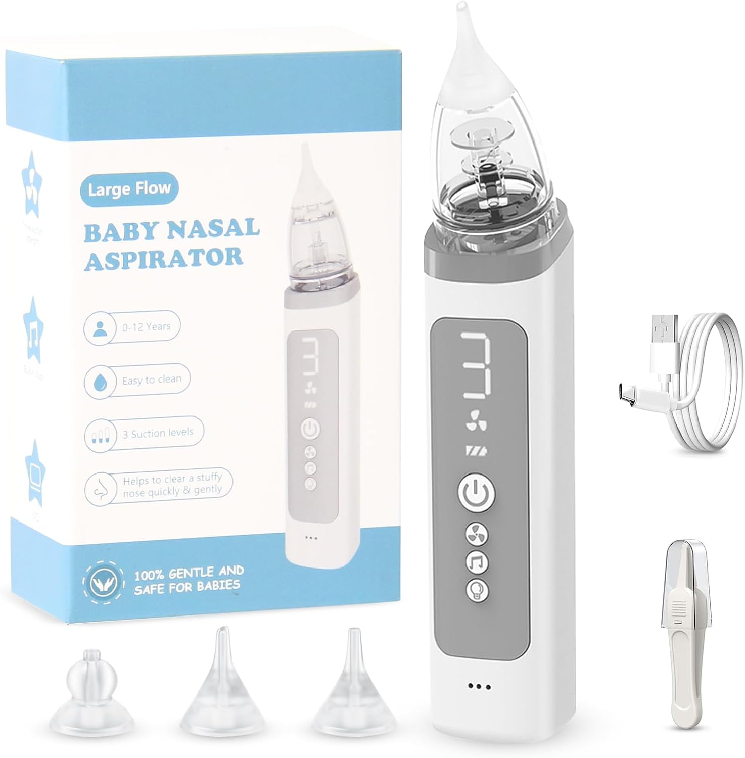 Electric Nasal Aspirator for Baby, 3 Levels Suction with Music & Light | Built-in Music & Colorful Light Soothing, 3 Silicone Tips, Effective Congestion Relief,USB Rechargeable, Gentle & Painless