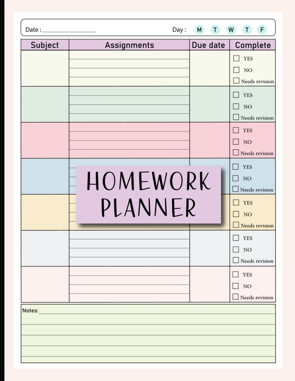 Colorful Homework Planner for ADHD Students: Undated Assignment Journal Notebook for middle, high school and College