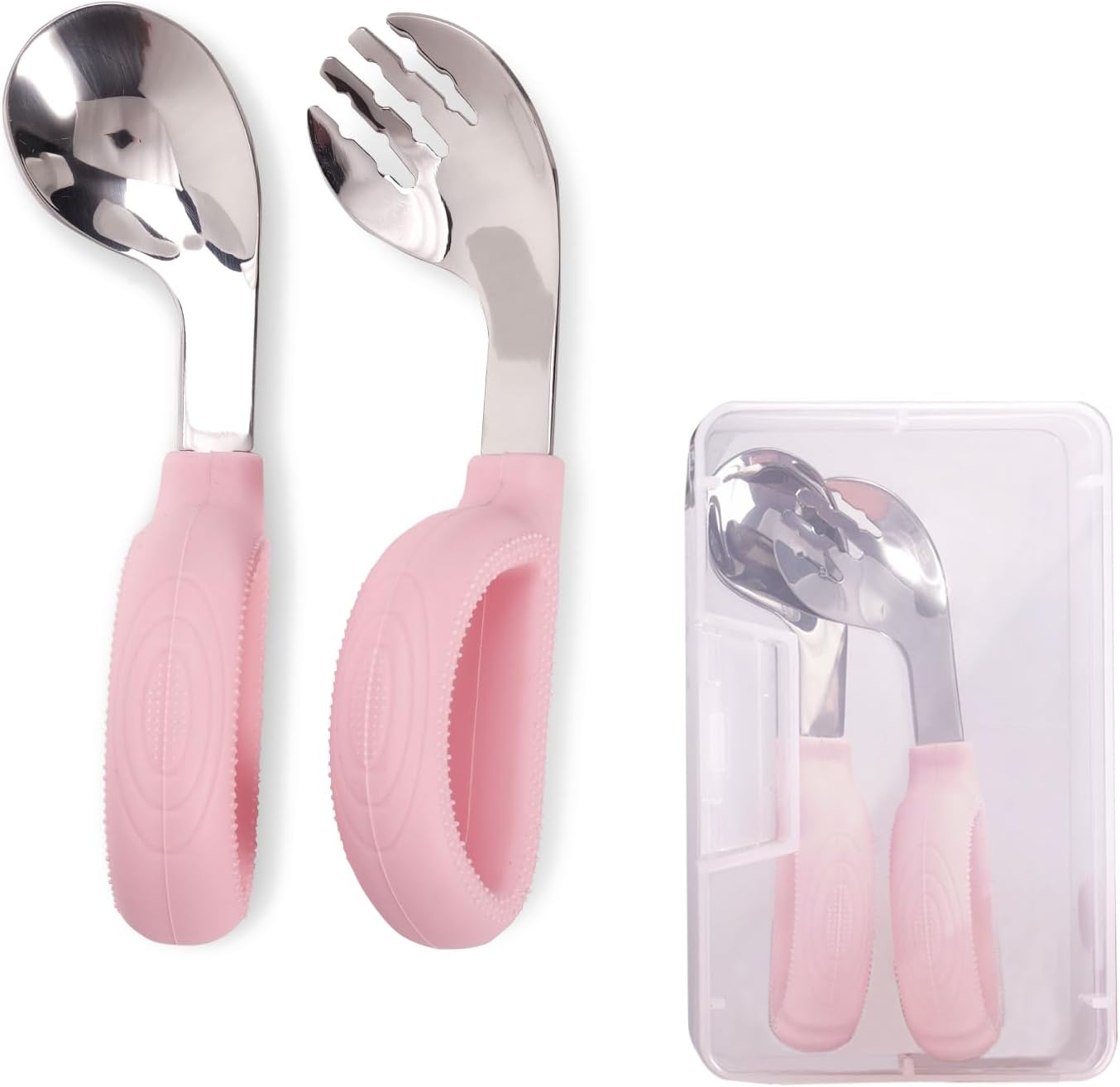 Toddler Training Utensils -Silicone Easy-Grip Handles Baby Forks and Spoons Pink Set-Kids Stainless Steel Silverware-Self Feeding&Children Safe-Dishwasher Safe