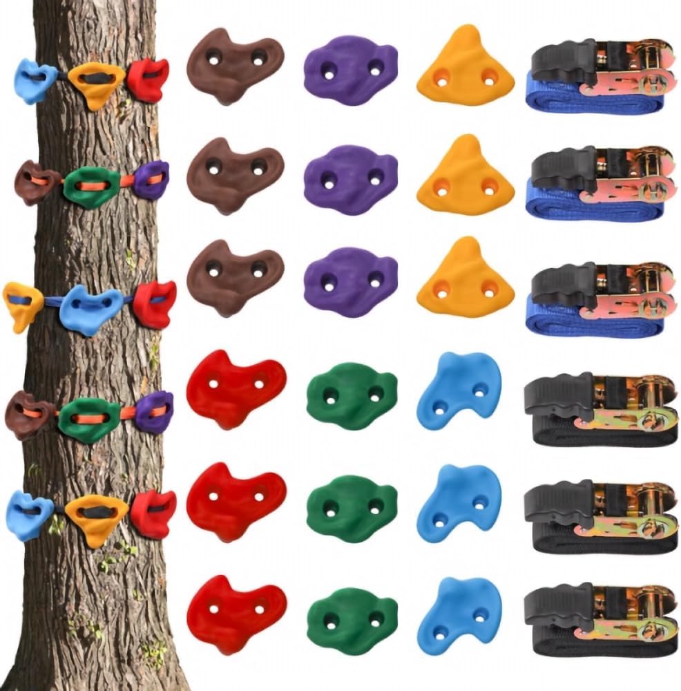 18 Pcs Tree Climbing Holds with 6 Ratchet Straps, Outdoor Tree Climbing Kit, Outdoor, Backyard, Gym, Obstacle Course Training