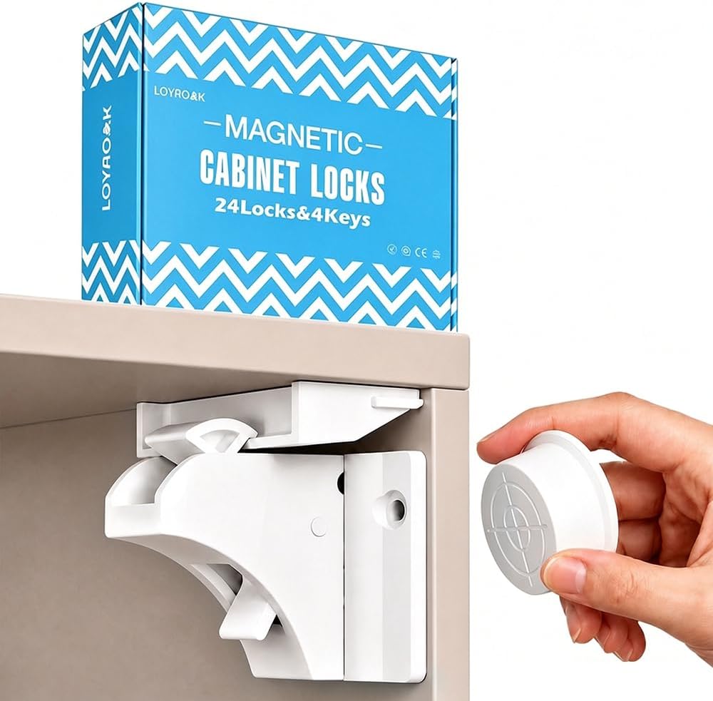 Upgraded Magnetic Cabinet Locks (24locks+4keys) Cabinet Locks Baby Proofing,2Inches Magnetic Force,Baby Proofing Cabinet Locks with Fast Installing Tools and 3M Adhesive