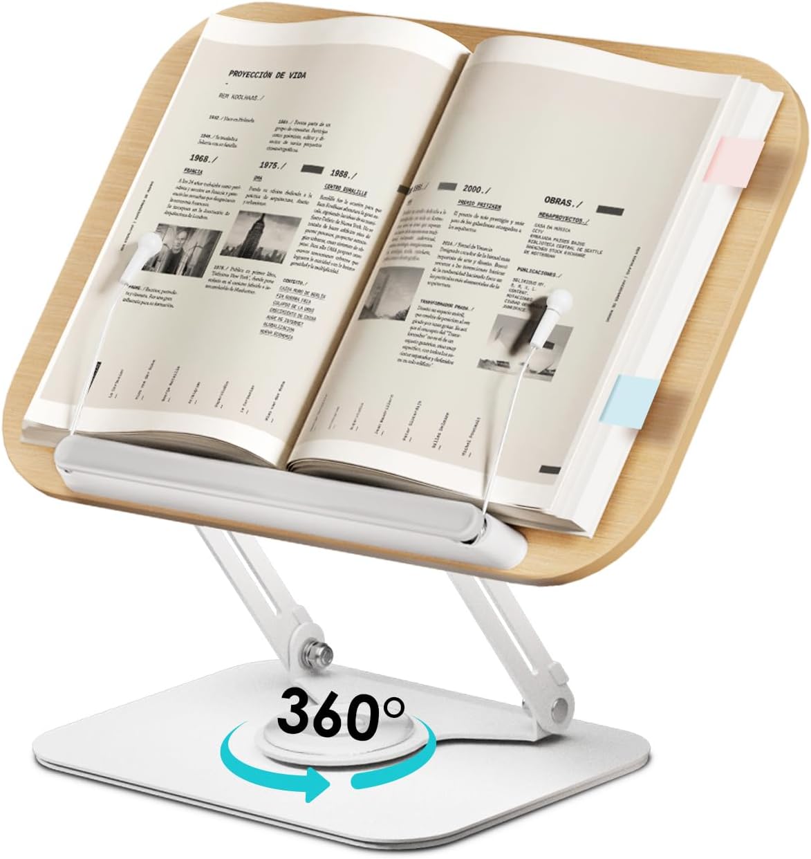 Viozon Book Stand for Reading,Book Holder, Height&Angle Adjustable, 360° Rotating Base, Foldable and Portable, Lightweight for Office, Kitchen, School Textbook, Recipe, Magazine,Kindle,Tablet LW