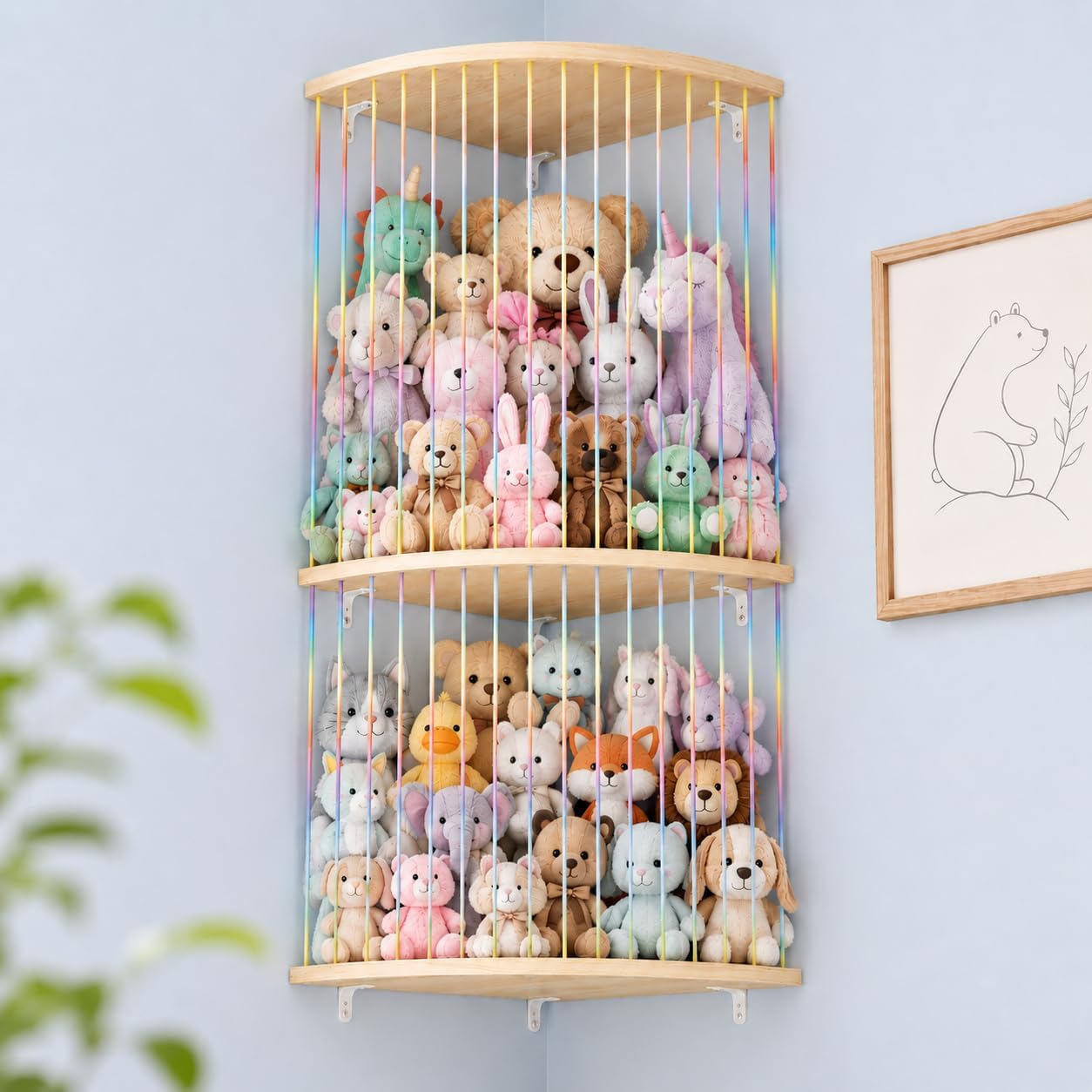 Stuffed Animal Storage Hammock, Wood Stuffed Toy Holder, Playroom Nursery Toy Storage Organizer, Decorative Wall Hanging Caddy Corner Stuffed Animal Net, Soft Toy Net for Kids Room Décor