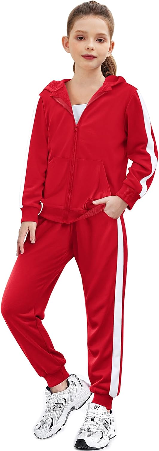 Girls 2 Piece Outfits Zip Up Hoodie Tracksuit Sweatsuits Sets | Sweatshirt and Sweatpant with Pockets,White Stripe Side Design,Ribbed Cuffs,Athletic Jogger Sets,Fall Winter Clothes