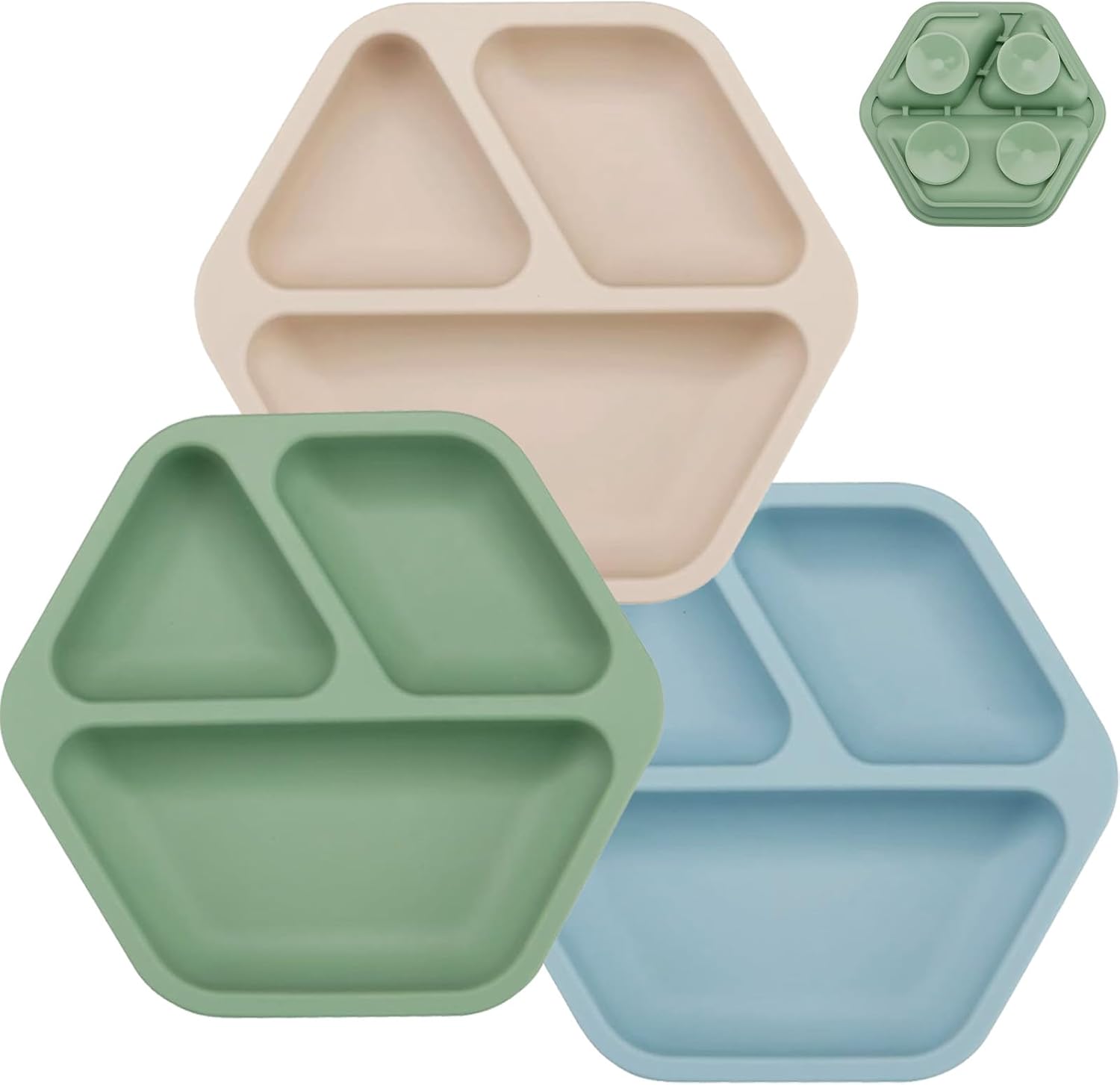 PandaEar 3 Pack Toddler Plates, Hexagon Divided Suction Plates for Baby, 100% Food Grade Silicone Baby Plates, Non-Slip, Baby Led Weaning Supplies, Microwave & Dishwasher Safe (Hexagon)