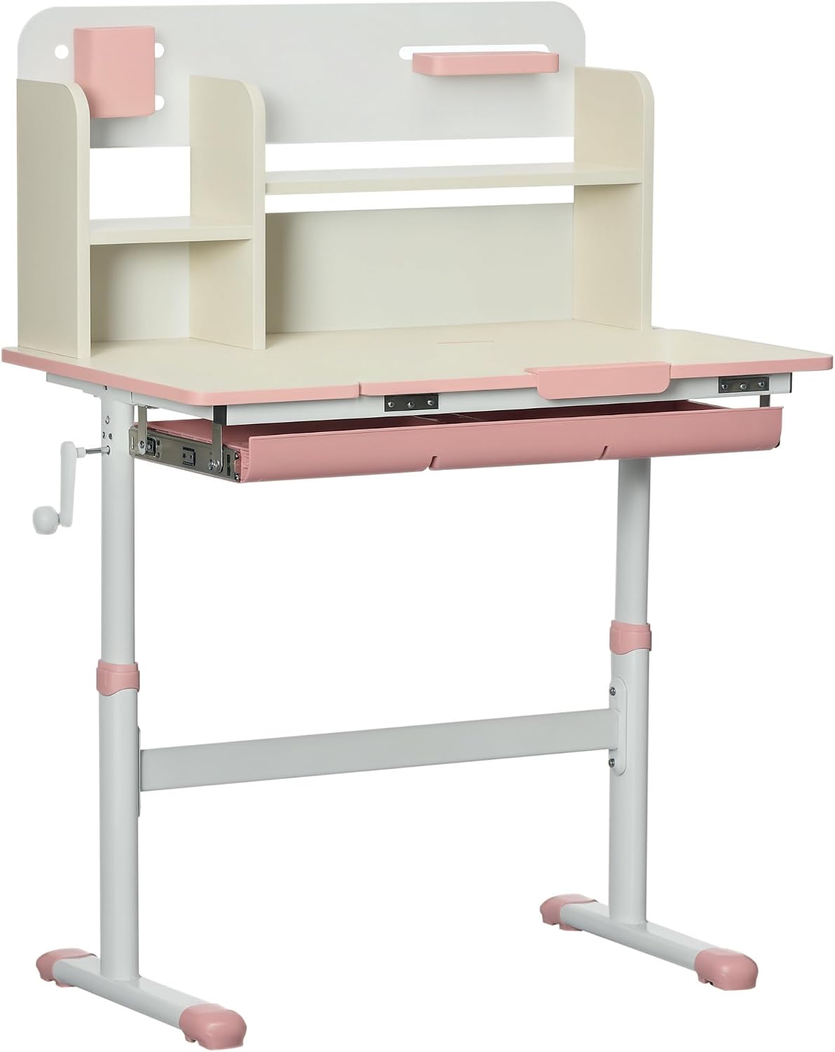 Qaba Wooden Kids Study Desk Height Adjustable Tilt Desktop Drawer Pink | Children School Study Table, Student Writing Desk, Storage Shelf, Pen Holder