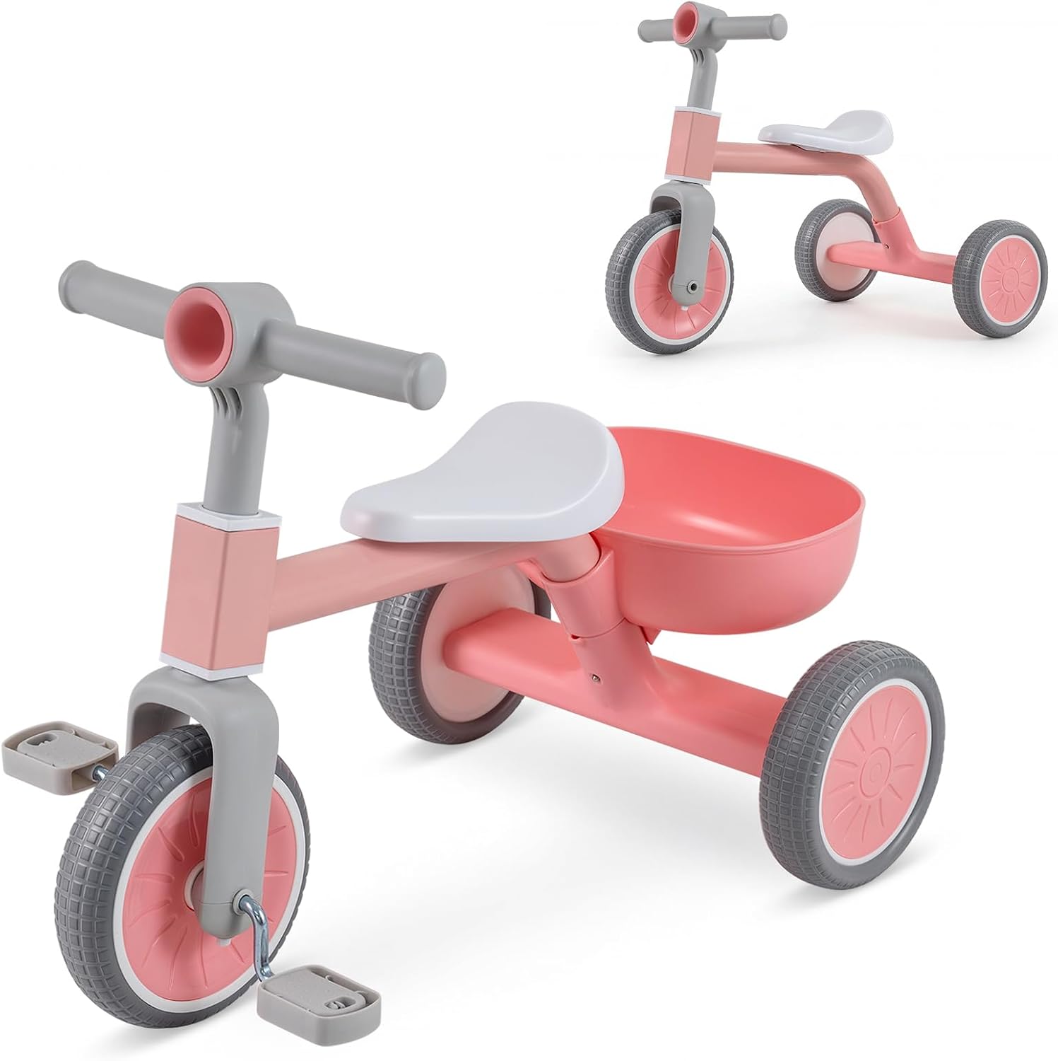 BABY JOY Toddler Tricycle, 2-in-1 Kids Tricycle Auxiliary Balance Bike with Carbon Steel Frame, Detachable Pedals & Removable Storage Basket, Toddler Trikes for 2-4 Year Old (Pink, 28″ x 17″ x 20.5″)