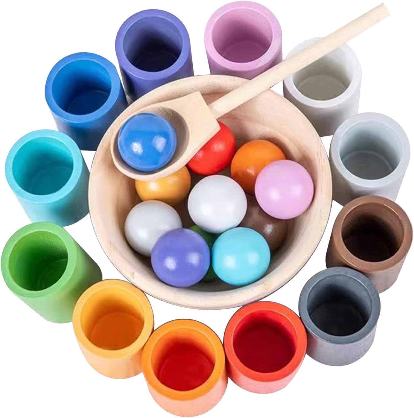 Rainbow Balls in Cups Toddler Montessori Toys for 3 Year Old Up | Kids Preschool Wooden Matching Games for Learning Color Sorting and Counting
